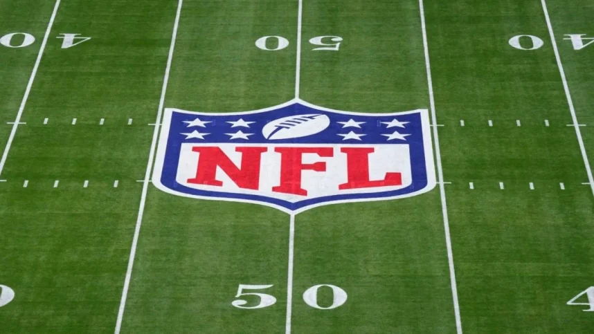 The NFL logo on a football field