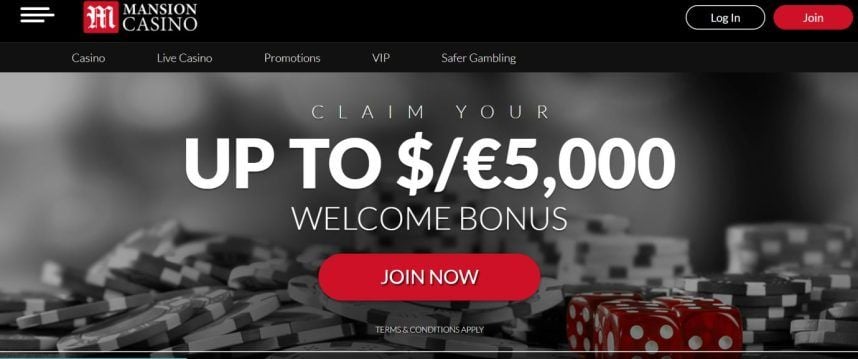 The homepage of the MansionCasino.com website