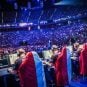 eSports players participate in a live competition in front of an audience
