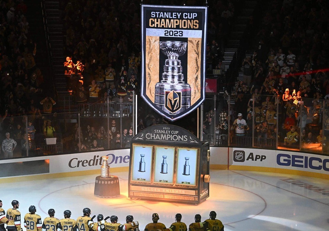 Vegas Golden Knights Raise Stanley Cup Banner Out of a Giant Slot