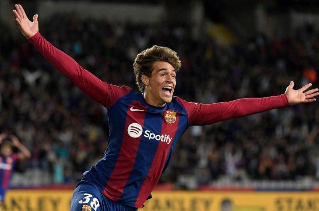 FC Barcelona player Marc Guiu celebrates a goal against Bilbao