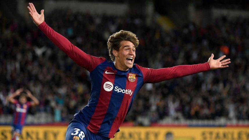 FC Barcelona player Marc Guiu celebrates a goal against Bilbao