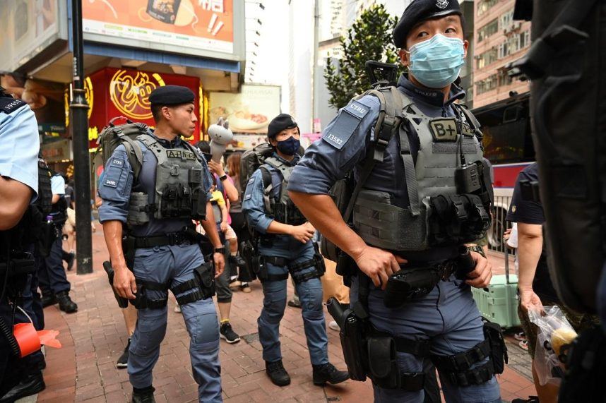 Hong Kong police conducting a street patrol