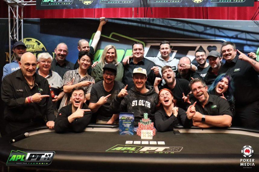 Players celebrate after Sam Perkins won the 2022 Australian Poker League Tasmania Main Event