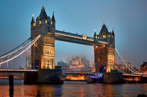 The Tower Bridge in London at night