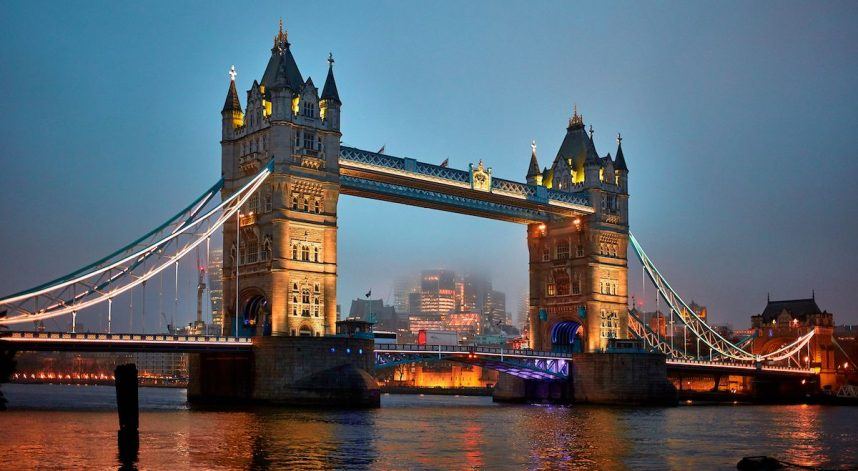 The Tower Bridge in London at night