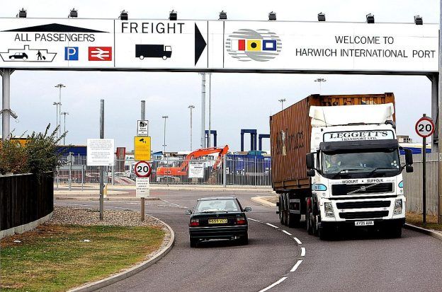 Vehicles enter and exit the Harwich International Port in the UK
