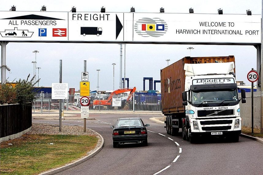 Vehicles enter and exit the Harwich International Port in the UK