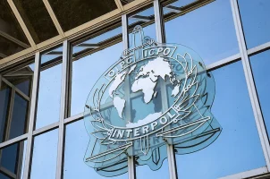 The Interpol shield on one of its offices