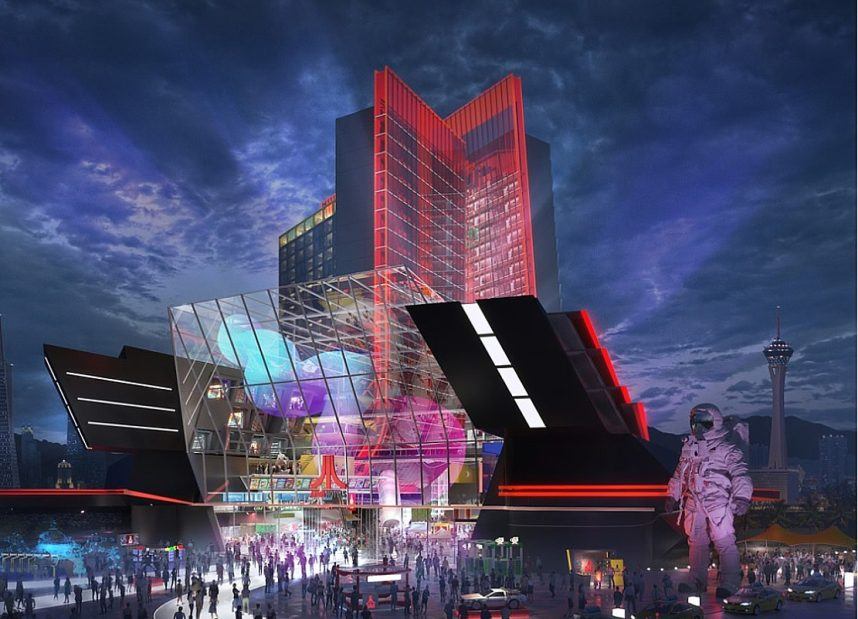 Rendering imagines the Las Vegas Atari Hotel with the Strat on the right