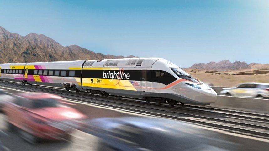 A rendering of the Brightline West train