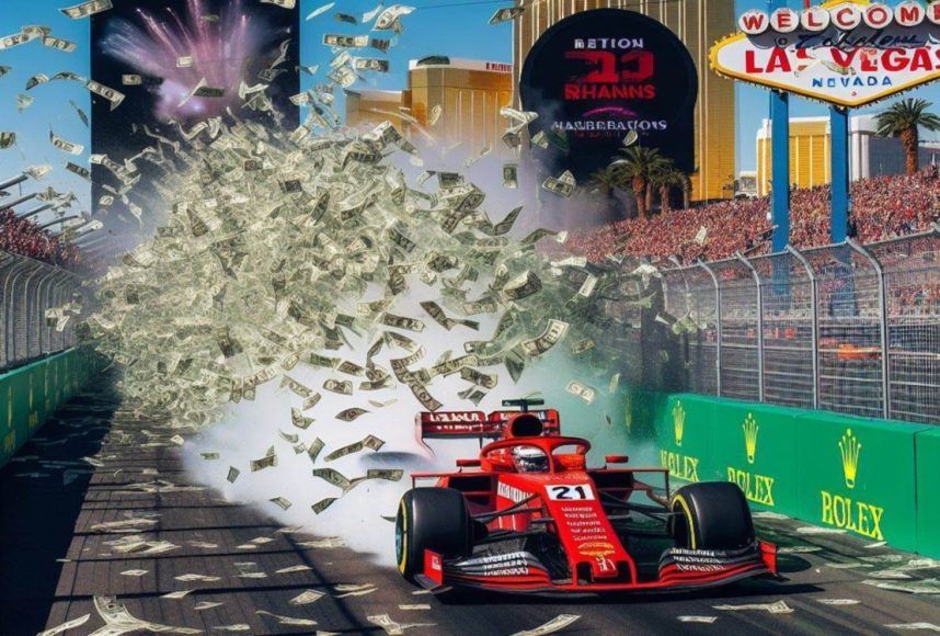  F1 race car spewing money 