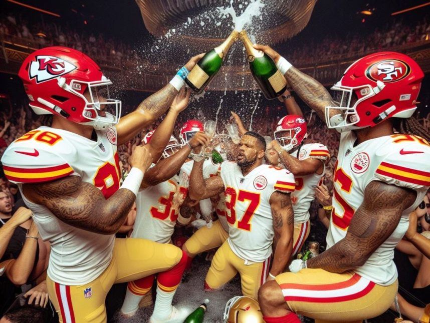the San Francisco 49ers and Kansas City Chiefs celebrating 