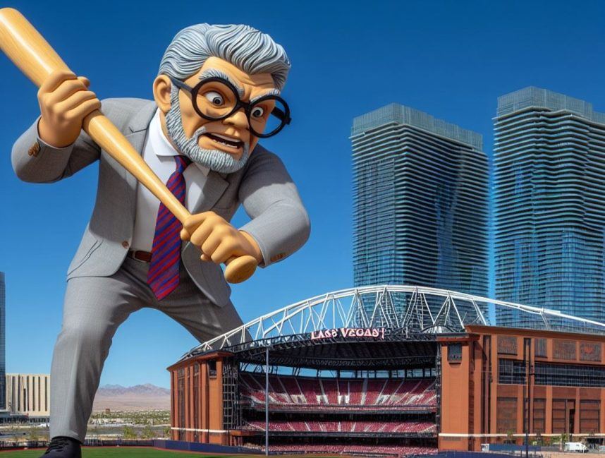 giant teacher destroying a new Las Vegas baseball stadium