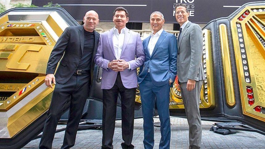 UFC CEO Dana White, TKO Exec Chair Vince McMahon, TKO + Endeavor CEO Ariel Emanuel, and TKO + Endeavor President and COO Mark Shapiro pose outside the New York Stock Exchange