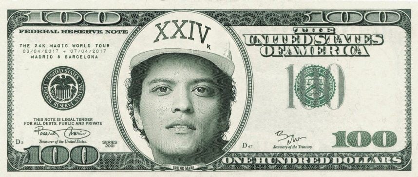A mock-up of $100 bill promotes Bruno Mars’ 2017 "24K World Tour.