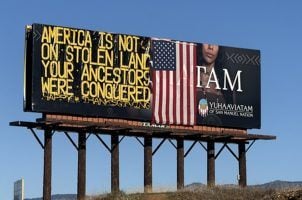 Yuhaaviatam of San Manuel Nation, Yaamava’ Resort & Casino, anti-Indigenous billboard vandalism, Inland Empire hate speech, I-10 freeway graffiti