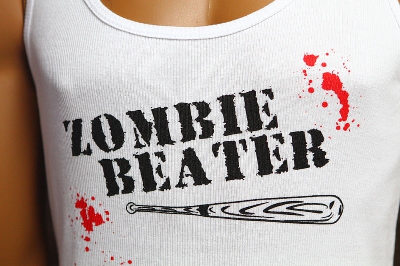 We don't feel right sharing this zombie beater T-shirt. Probably.