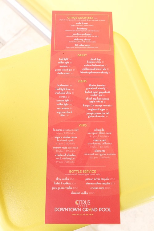 Citrus pool cocktail menu