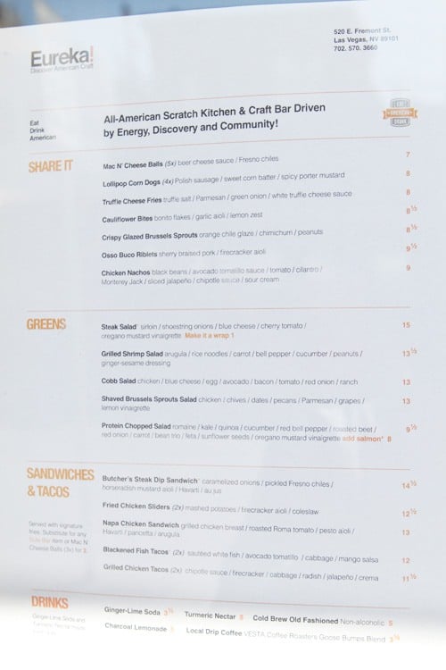 Eureka restaurant menu