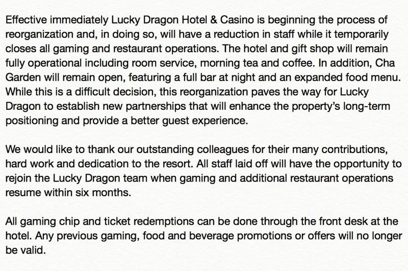 Lucky Dragon closed