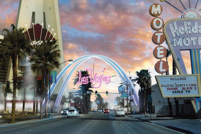 Illuminated Gateway Arches Welcome Visitors to Downtown Las Vegas