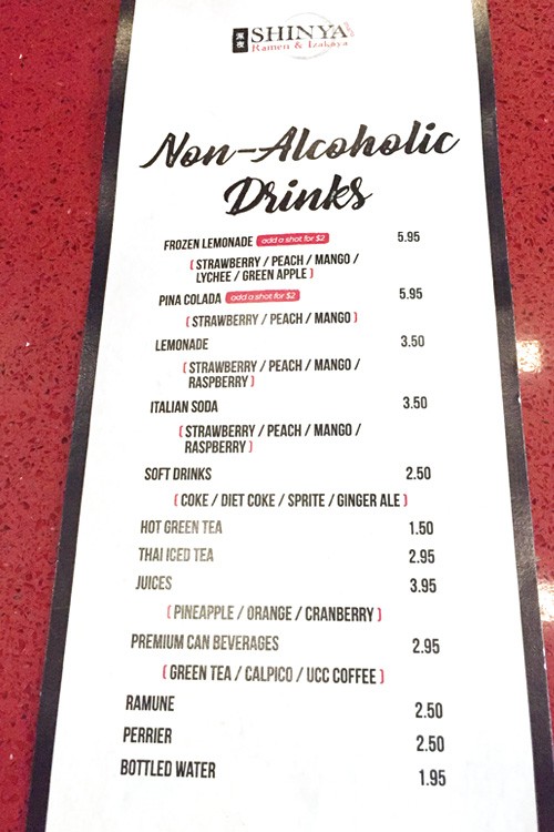 Shinya cocktail menu