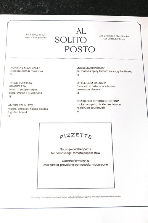 Al Solito Posto bar menu