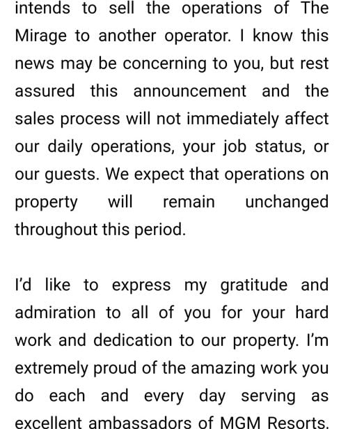 Internal Documents Confirm Mirage Sale Rumors