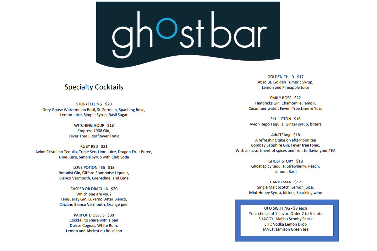 ghost bar kitchen and cocktails menu